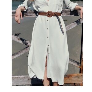 Zara White Midi Dress with Brown Belt